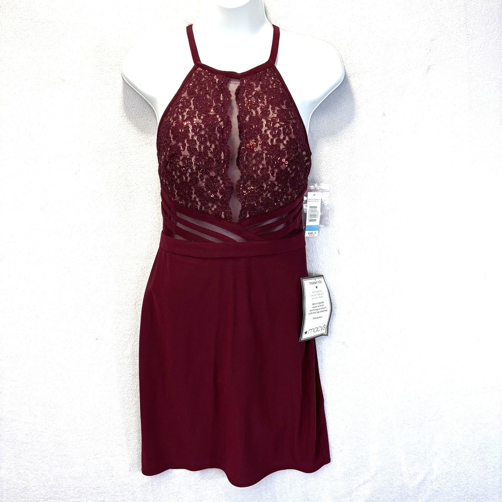 NWT Morgan & Co Lace Sequin Cutout Dress Juniors 5‎ Merlot Red Halter Party NEW